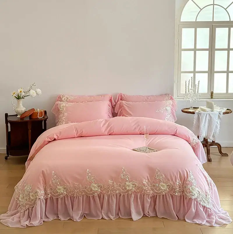 Pink satin duvet cover with white lace trim and ruffled edges in decorbites french rose bedding set with french rose flowers
