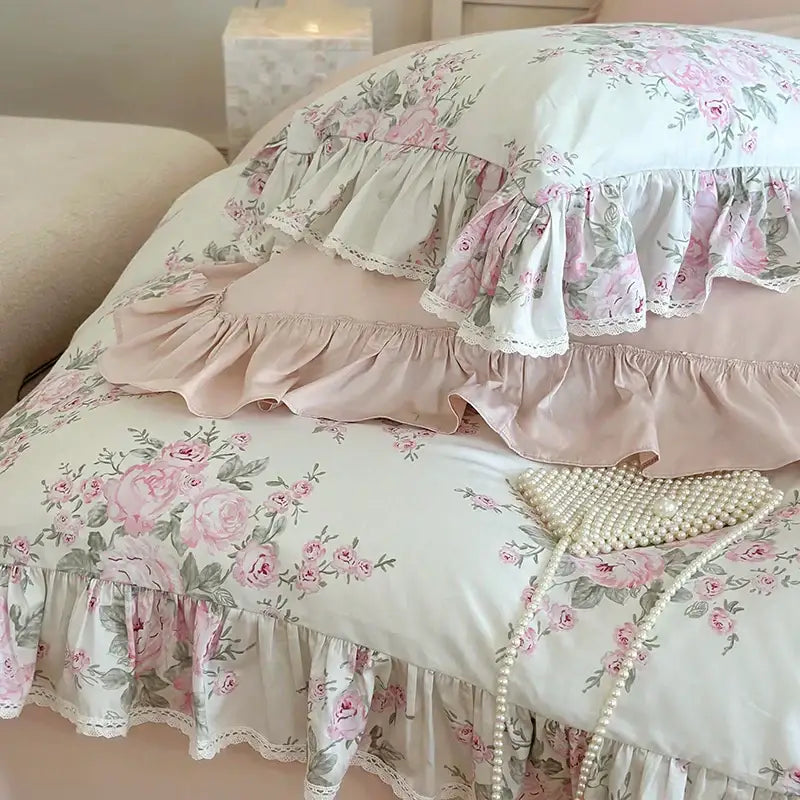 Pink and cream floral decorbites french rose lace bedding set with ruffled edges and lace trim for elegant bedroom decor