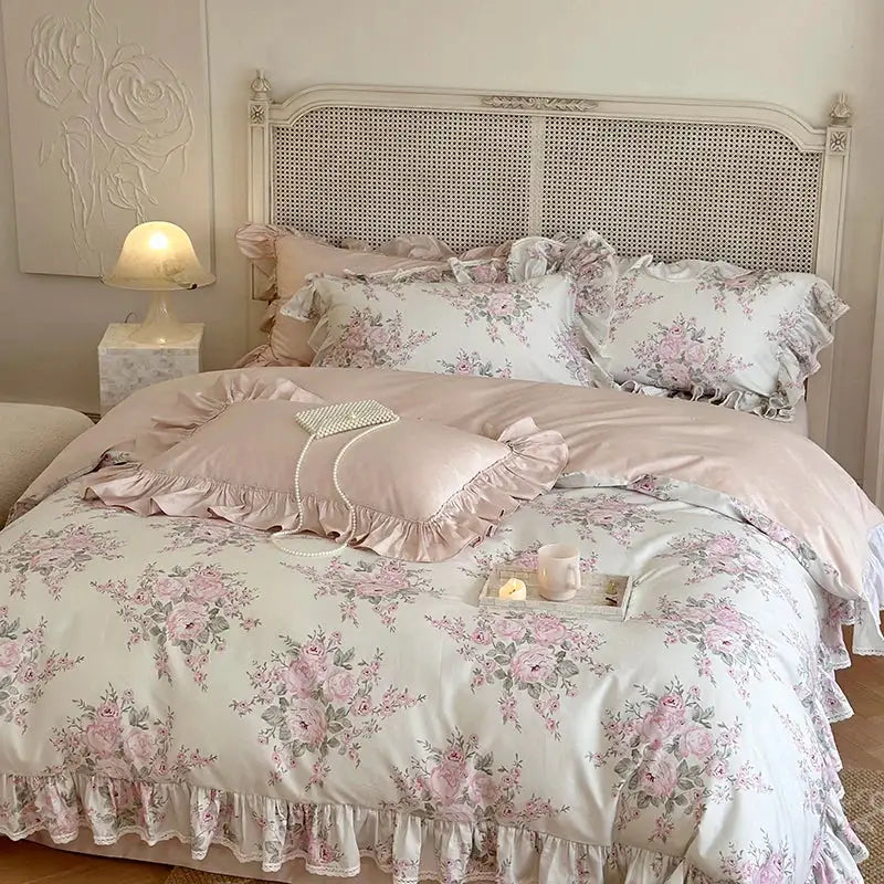 Pink floral ruffled bedding set with delicate rose patterns in soft satin fabric from decorbites french rose lace collection