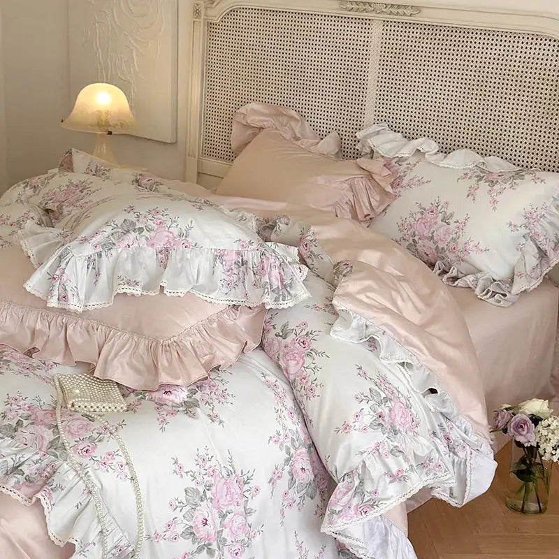 Pink and white floral ruffled bedding set with lace trim from decorbites french rose lace collection for elegant bedroom decor