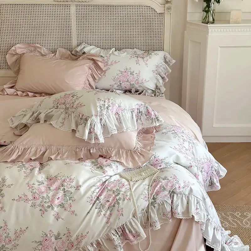 Pastel pink and cream french rose lace bedding set with delicate ruffled edges by decorbites french rose