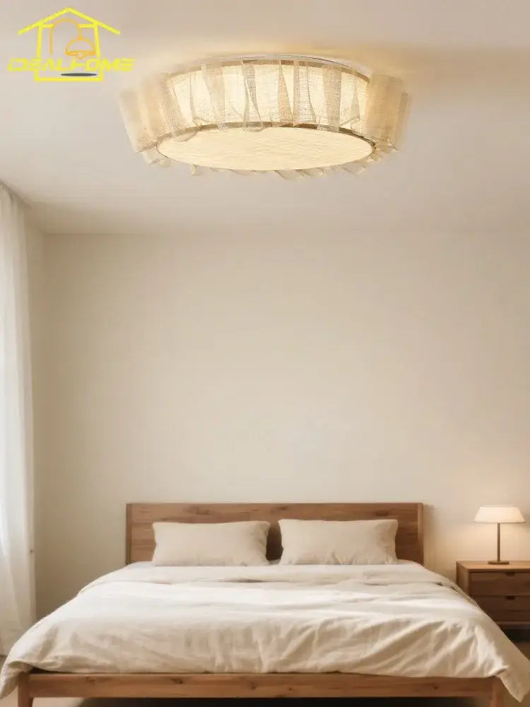 French ruffled beige cream wind led ceiling light with woven fabric shade and subtle metallic frame for bedroom decorbites cream wind