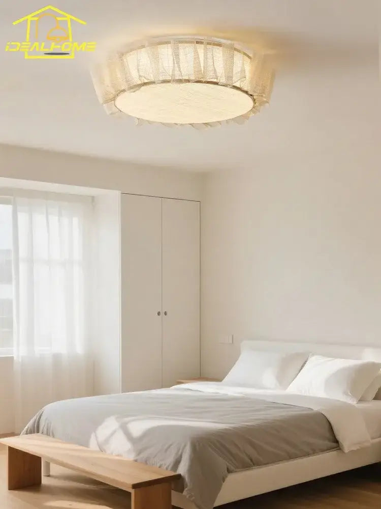 French ruffled beige cream wind led ceiling light with woven fabric shade and soft glow for bedroom decorbites cream wind