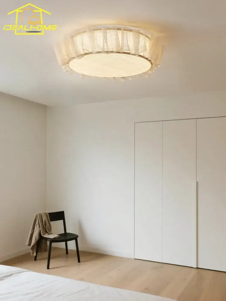 French ruffled beige cream wind led ceiling light with white fabric shade and lace trim for bedroom decorbites cream wind