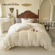 Cream-colored french ruffles cotton bedding set with ruffled lace trim and layered pillowcases by decorbites french ruffles