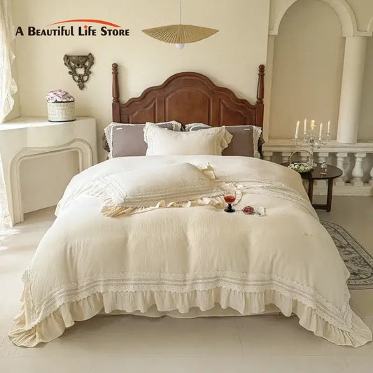 Cream-colored french ruffles cotton bedding set with ruffled lace trim and layered pillowcases by decorbites french ruffles