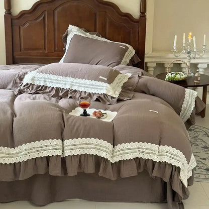 Brown linen bedding set with delicate white lace trim and ruffled edges for decorbites french ruffles cotton cream bedroom