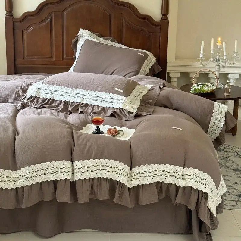 Brown linen bedding set with delicate white lace trim and ruffled edges for decorbites french ruffles cotton cream bedroom