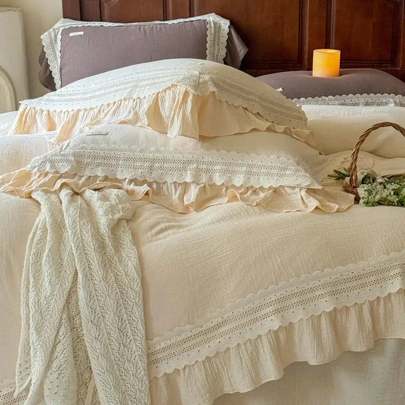 Cream-colored french ruffles cotton bedding set featuring ruffled pillowcases with delicate lace trim for elegant decorbites french ruffles style