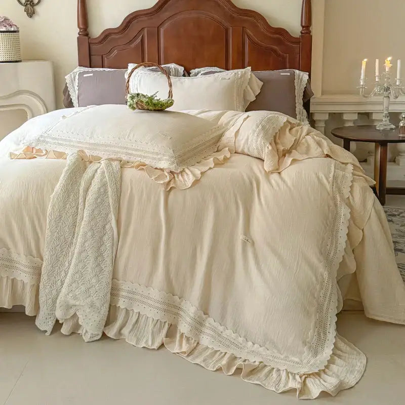 Cream-colored linen bedding set with delicate lace trim and ruffled edges from decorbites french ruffles cotton collection