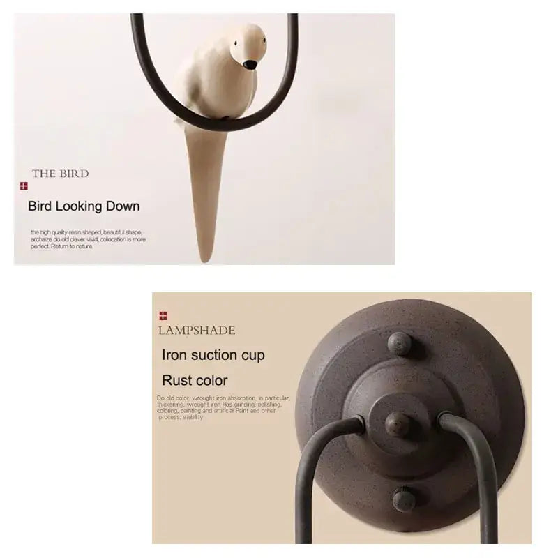 Rustic iron suction cup wall lamp with matte weathered finish and decorbites bird decor cream ceramic shade