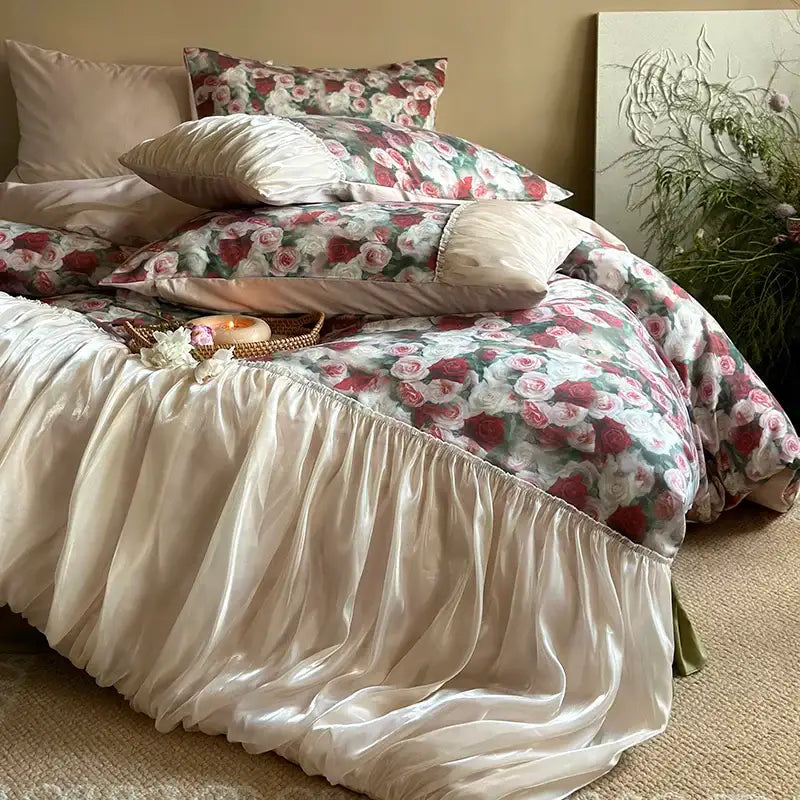 Cream-colored satin ruffled bed skirt with floral patterned duvet set from decorbites french rustic rose collection
