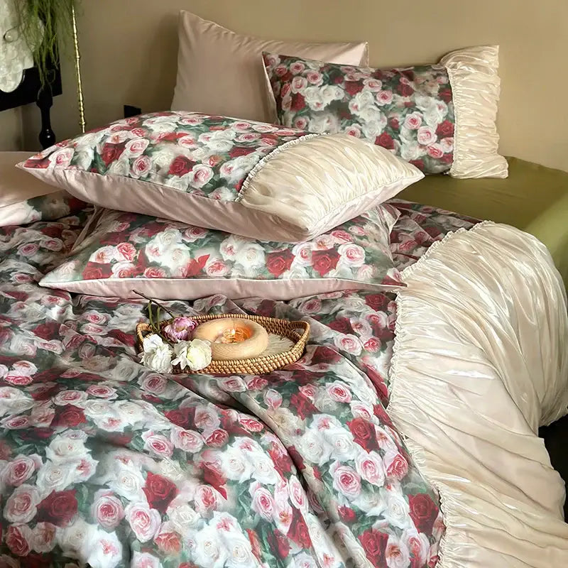 Cream-colored satin ruffled duvet set with floral rose pattern by decorbites french rustic for elegant bedroom decor