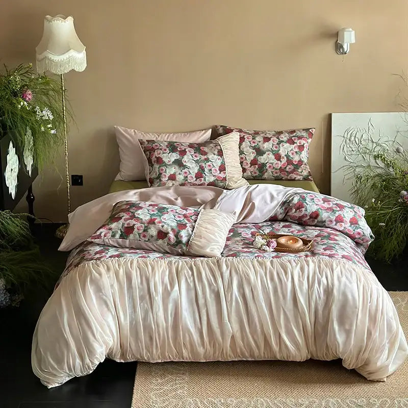 Cream-colored satin duvet set with pleated ruffles and floral cotton pillowcases french rustic rose decorbites french rustic
