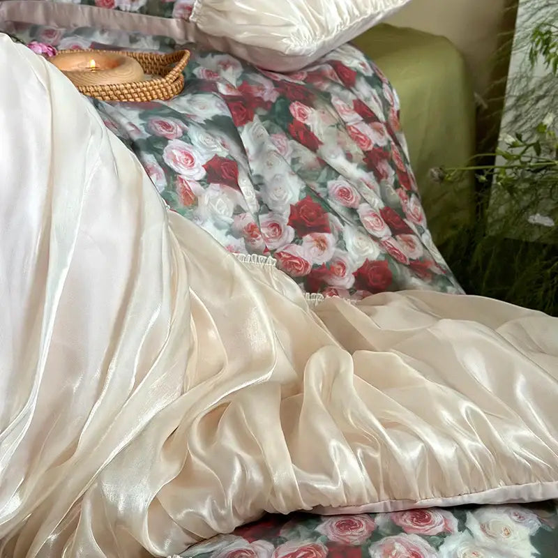 Cream-colored satin pillow with glossy finish and ruffled edges from decorbites french rustic rose cotton duvet set