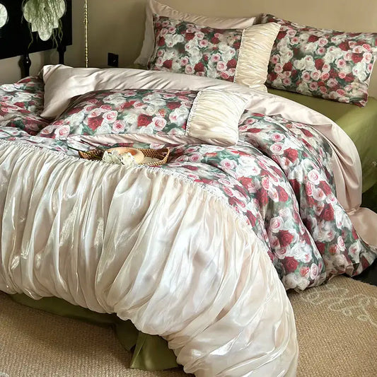 Cream-colored satin duvet set with floral rose pattern and pleated ruffles from decorbites french rustic rose collection