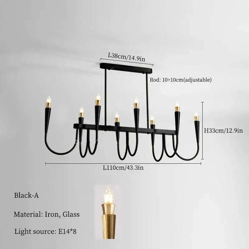 French style black and gold pendant light featuring a wrought iron chandelier with eight curved arms and glass bulbs