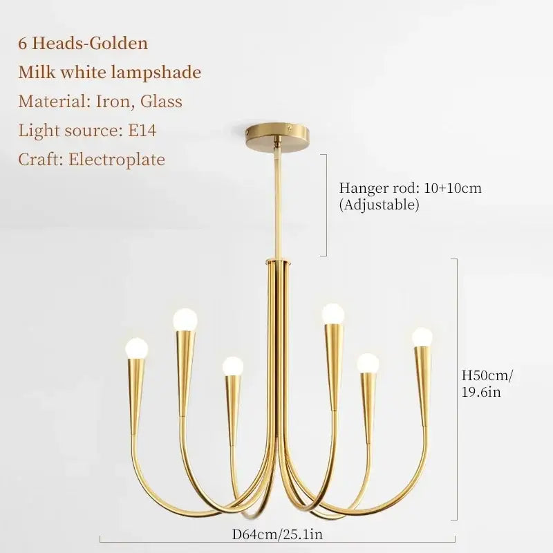 Golden six-head pendant light with milk white glass lampshades and electroplated iron frame decorbites french style black