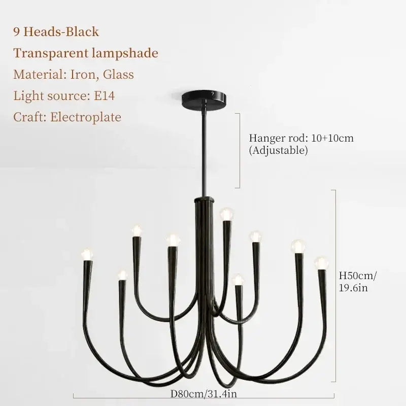 French style black and gold pendant light dining room chandelier with nine curved arms and transparent glass lampshades decorbites french style