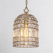 French style bronze crystal chandelier living room pendant light with golden cage, clear crystal prisms, and faceted glass panels