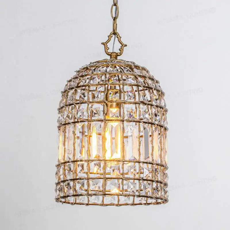 French style bronze crystal chandelier living room pendant light with golden cage, clear crystal prisms, and faceted glass panels