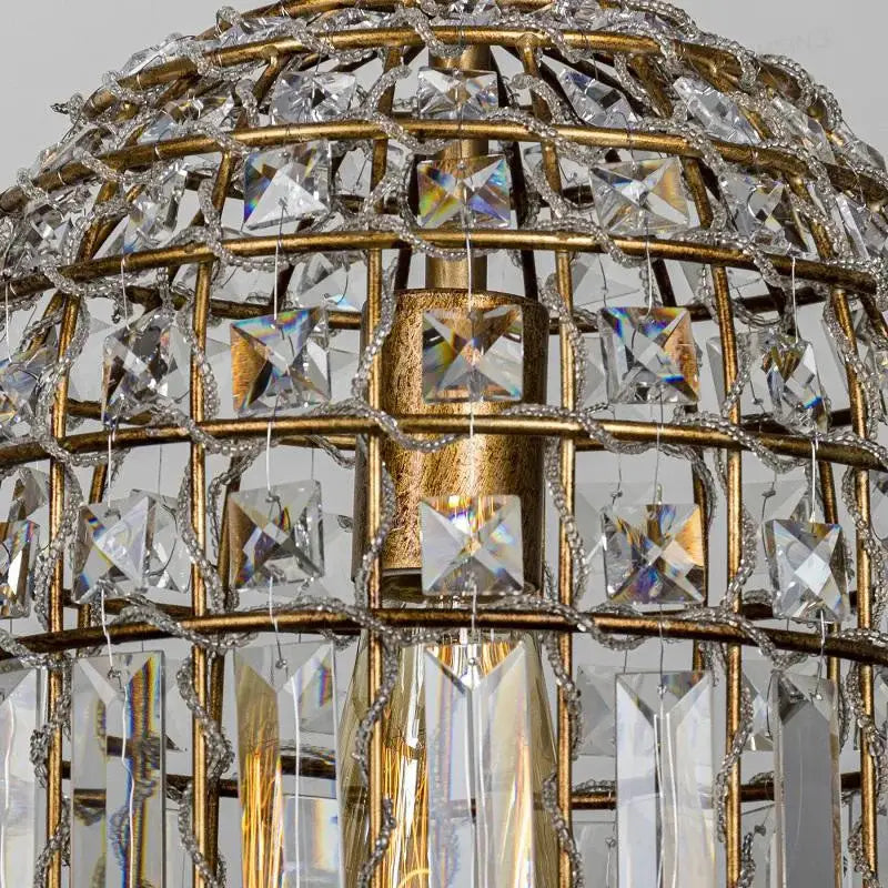 Golden cage style french bronze crystal chandelier with clear faceted and teardrop prisms for living room decorbites lighting