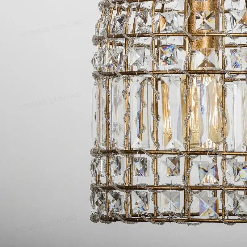 Gold-toned cage-style French style bronze crystal chandelier pendant light with clear prisms for living room decorbites decor