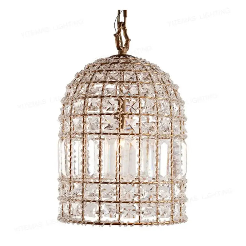Antique brass cage-style pendant light with clear crystal prisms for living room decor featuring decorbites bronze finish