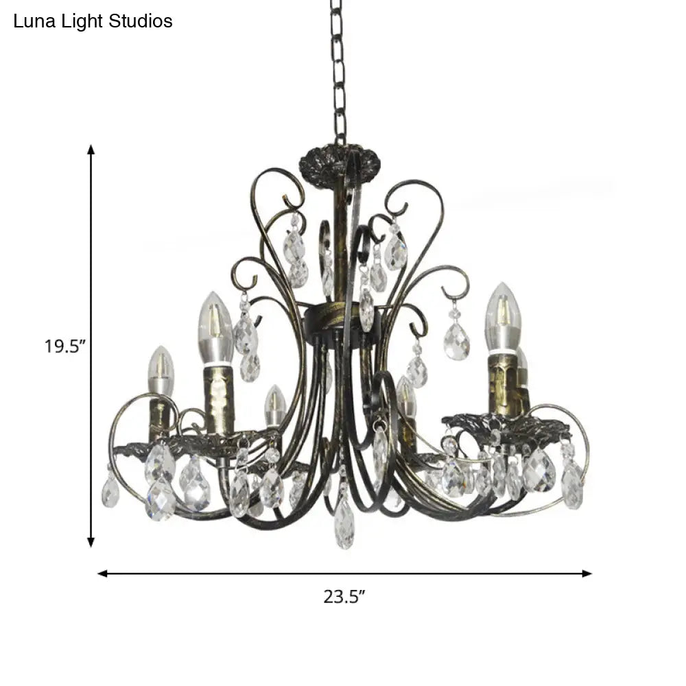 French Style Bronze Curved Candle Chandelier - 6 Light Iron Ceiling Lighting with Crystal Accent