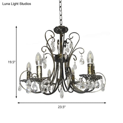 French Style Bronze Curved Candle Chandelier - 6 Light Iron Ceiling Lighting with Crystal Accent
