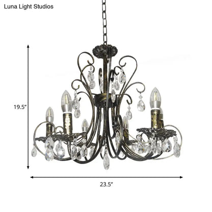 French Style Bronze Curved Candle Chandelier - 6 Light Iron Ceiling Lighting with Crystal Accent