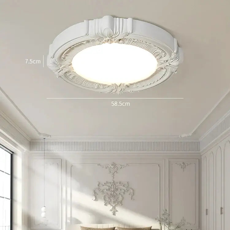 White ornate decorbites french style ceiling light with intricate floral carved detailing for bedroom decor