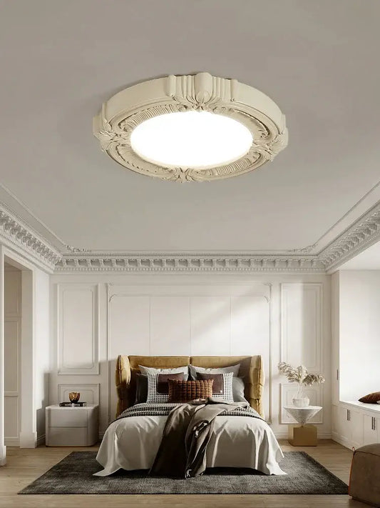 Off-white ornately carved french style ceiling light with circular frosted glass center for bedroom decorbites french style