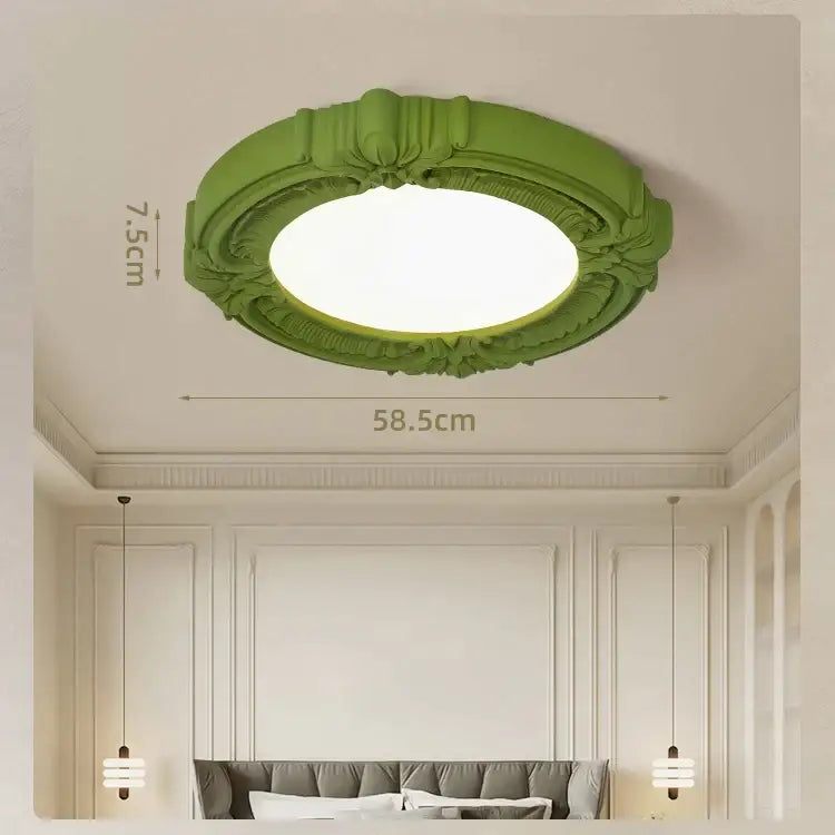 Round lime green ceiling light with ornate carved edges decorbites french style ceiling light for bedroom decor