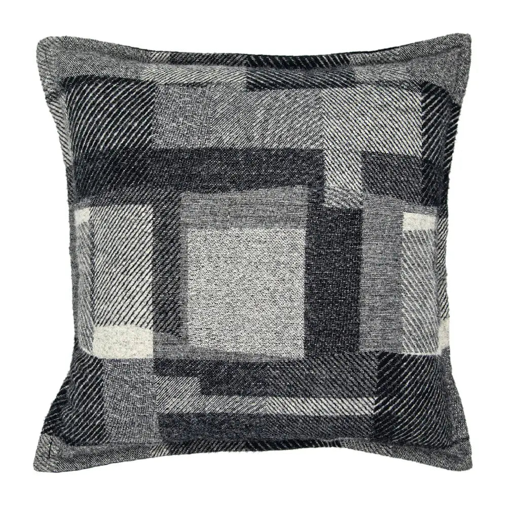 Square throw pillow with textured black and white plaid pattern and diagonal herringbone stripes for french style decorbites french style decor