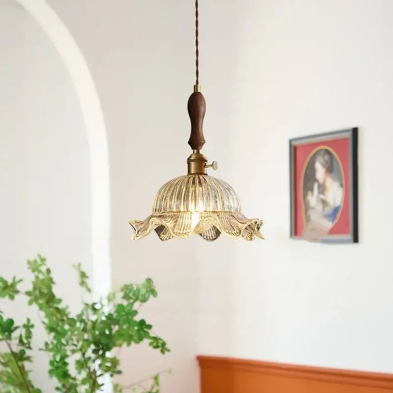 French style clear glass led pendant light with fluted petal design and brass accents for dining room decorbites clear glass