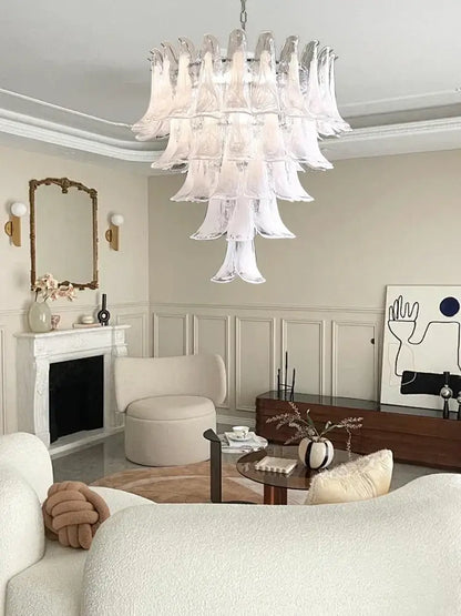 A decorbites french style glass chandelier with translucent white tiered petals cascading light for living room decor