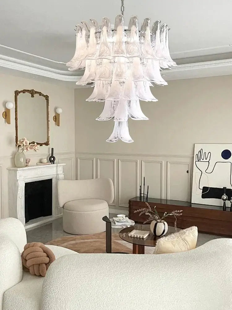 A decorbites french style glass chandelier with translucent white tiered petals cascading light for living room decor