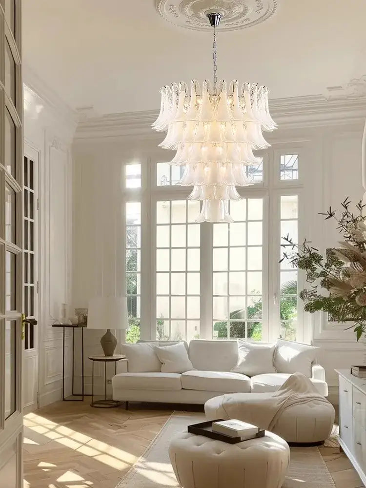 A decorbites french style glass chandelier with cascading translucent white petal shades for living room lighting