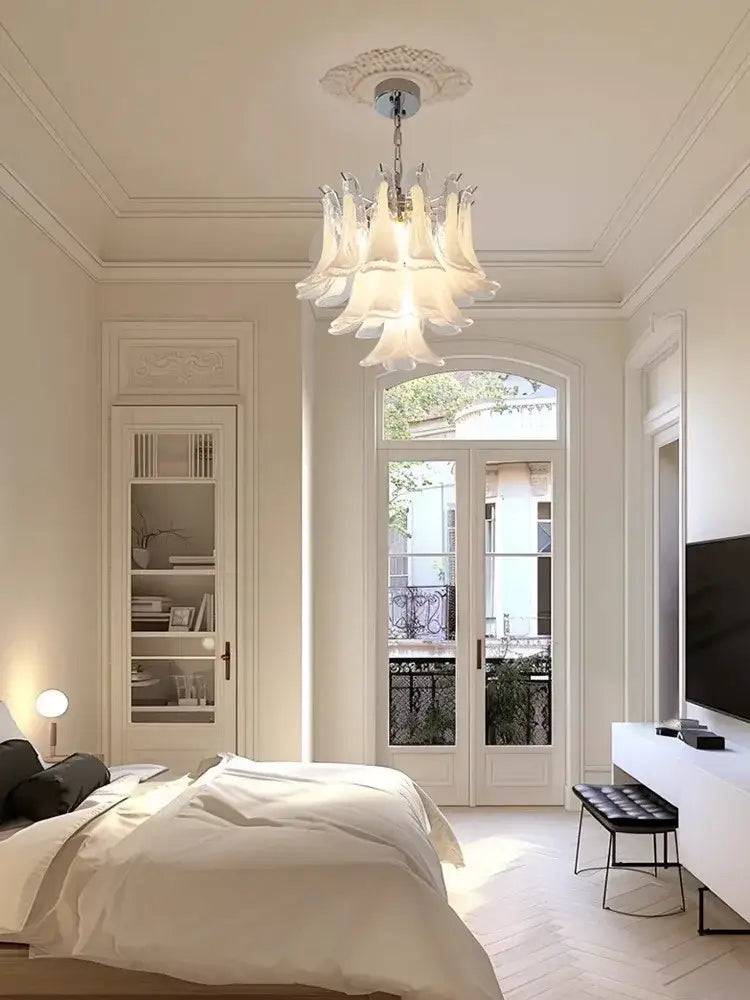 Elegant white decorbites french style glass chandelier with petal design cascading light for living room decor