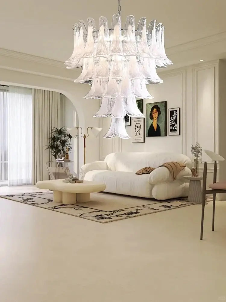 A french style glass chandelier with cascading translucent frosted and clear bell-shaped elements for living room decorbites french style