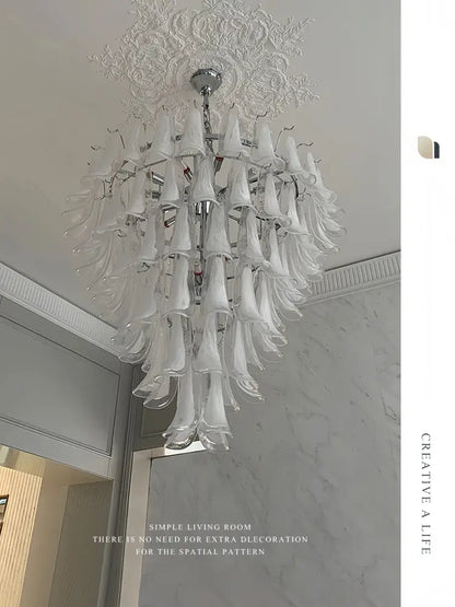 A multi-tiered decorbites french style glass chandelier with translucent white bell-shaped shades for living room decor