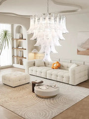 A french style glass chandelier with cascading translucent white tiers ideal for living room decorbites french style