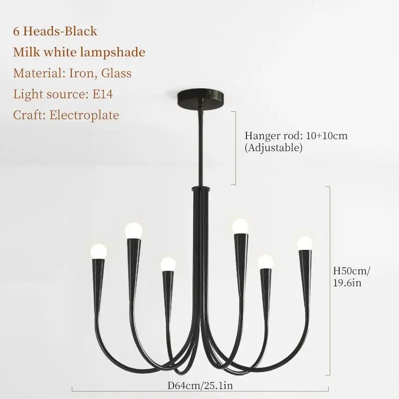 Black wrought iron pendant light chandelier with six milk white glass lampshades for dining room