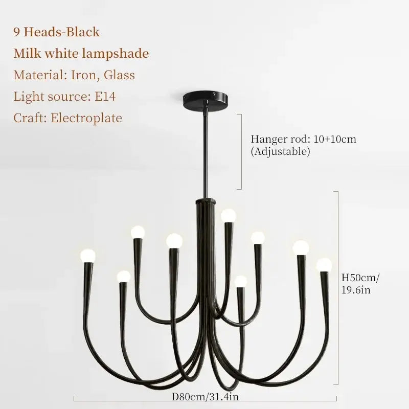 Black iron pendant light chandelier with nine milk white glass lampshades for dining room use