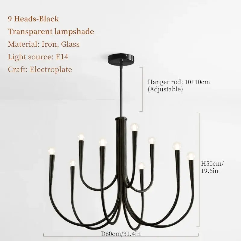 Black iron pendant light chandelier with nine curved arms and transparent glass lampshades for dining room use