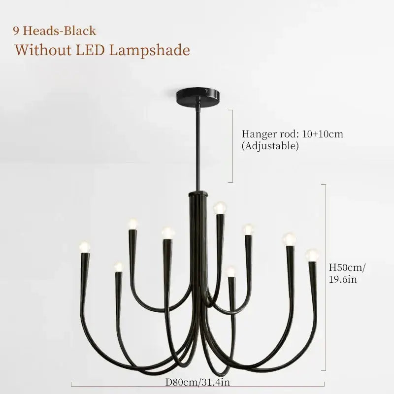 Black metal pendant light chandelier with nine curved arms and exposed bulbs for dining room use