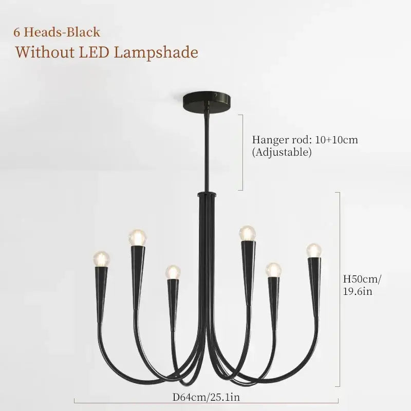 Black metal pendant light chandelier with six curved arms and exposed bulbs for dining room lighting