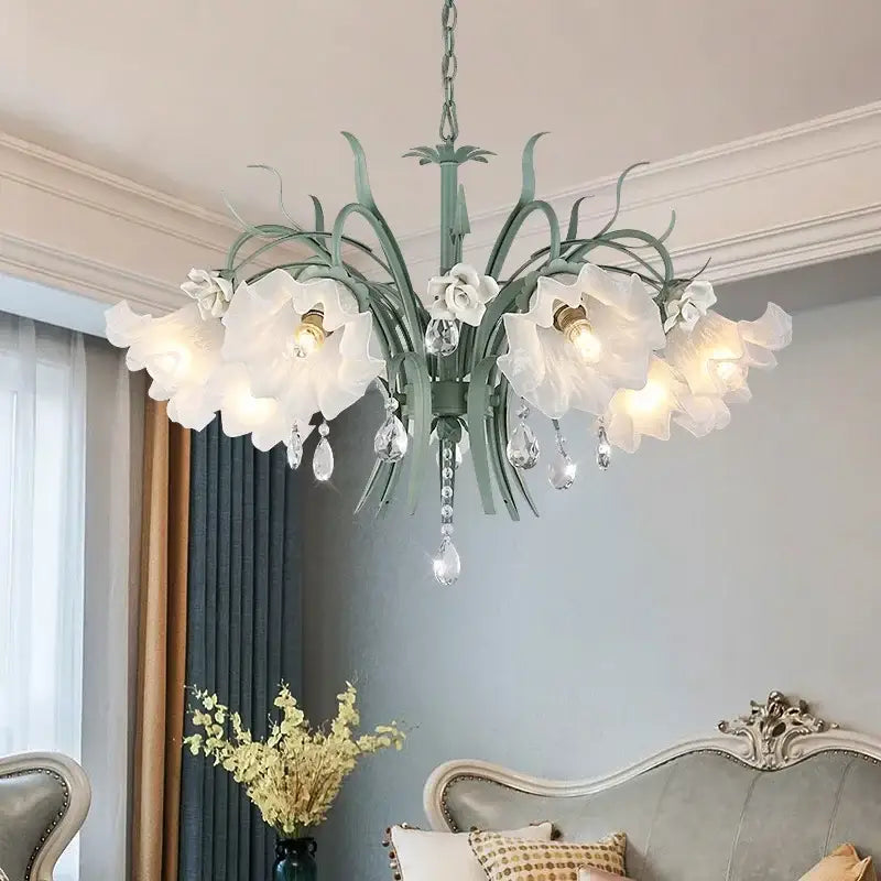 French style white crystal flower chandelier with mint green metal frame and translucent flower shades by decorbites crystal flower