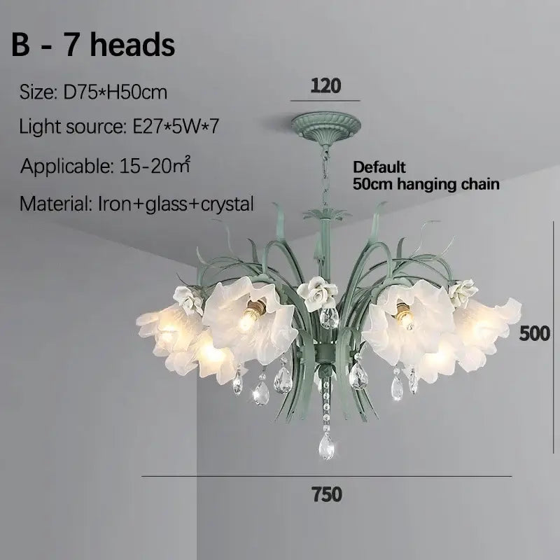 French style mint green decorbites crystal flower chandelier with seven white floral shades and crystal droplets for living room light